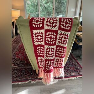 Handmade Crochet Holiday Throw Blanket - Red & Cream